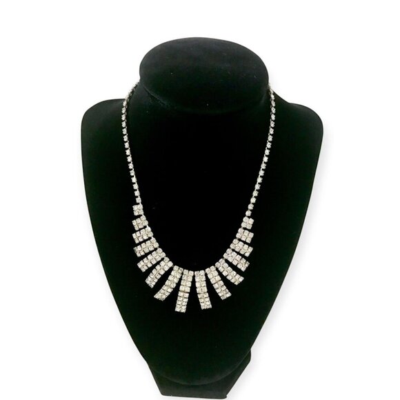 1950s Vintage‎ Clear Rhinestone Fan Necklace - Picture 1 of 11